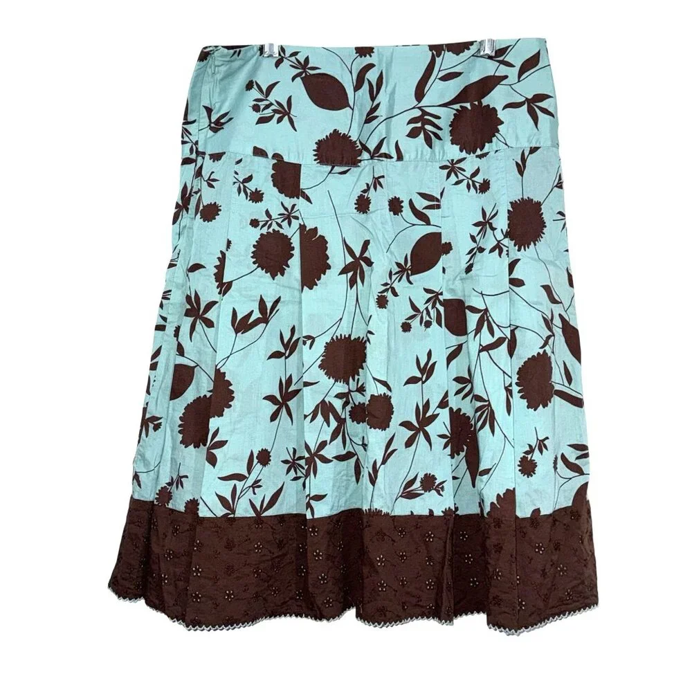 Turquoise & Brown Floral Merona Cotton Skirt With Eyelet Hem Design Womens Size - Picture 6 of 6